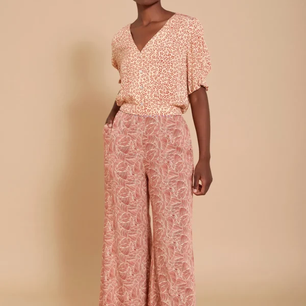 Pantalón fluido en bambula de viscosa con estampado floral y detalle étnico en cinturilla Meisïe