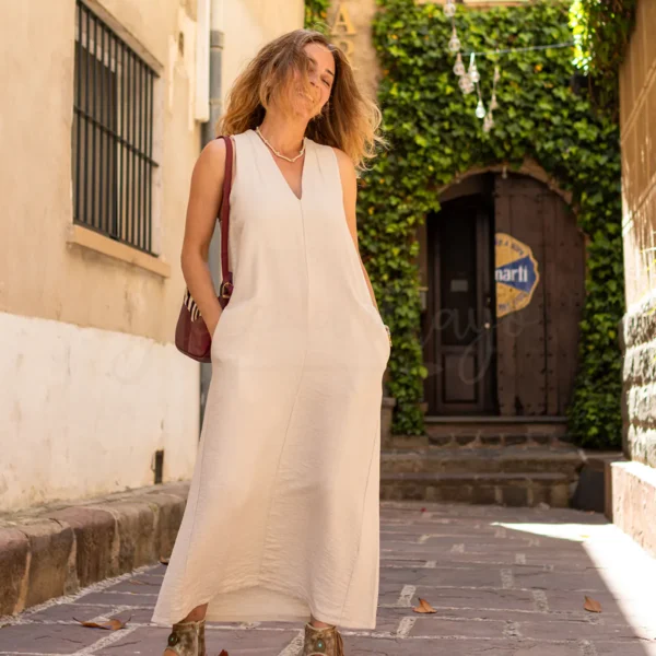 Vestido-midi-ripple-poems-PS1422-beige